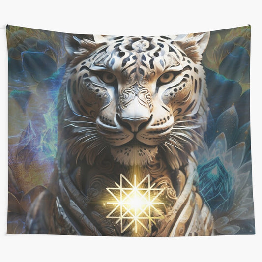 Stunning tapestry featuring a majestic tiger surrounded by sacred geometry and lotus flowers