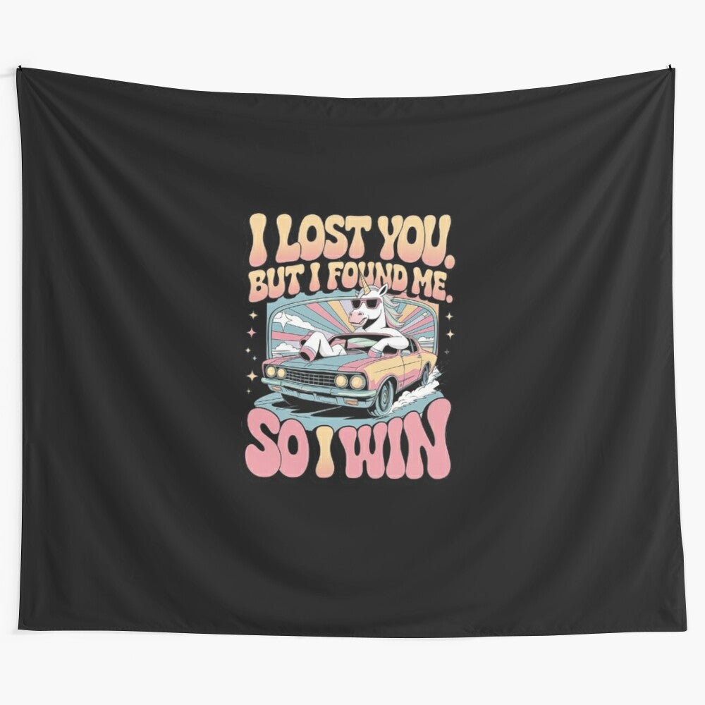 Colorful, whimsical unicorn tapestry with a retro car design, promoting self-empowerment and personal growth.