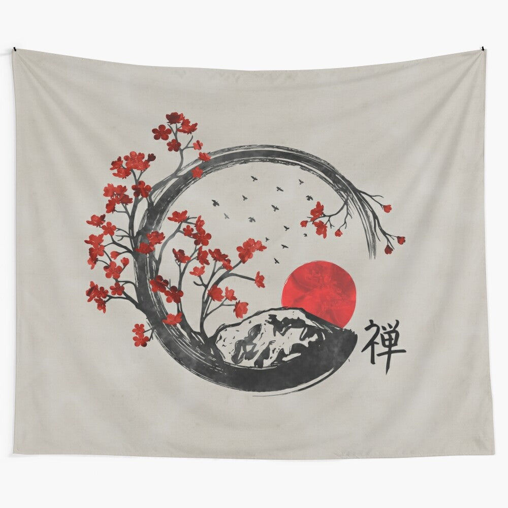 Zen Enso Circle and Sakura Branches Tapestry for Minimalist Home Decor