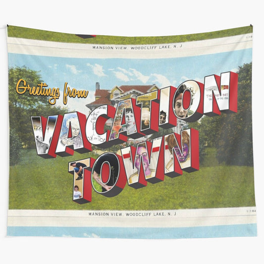 Vintage-inspired vacation town postcard tapestry wall art