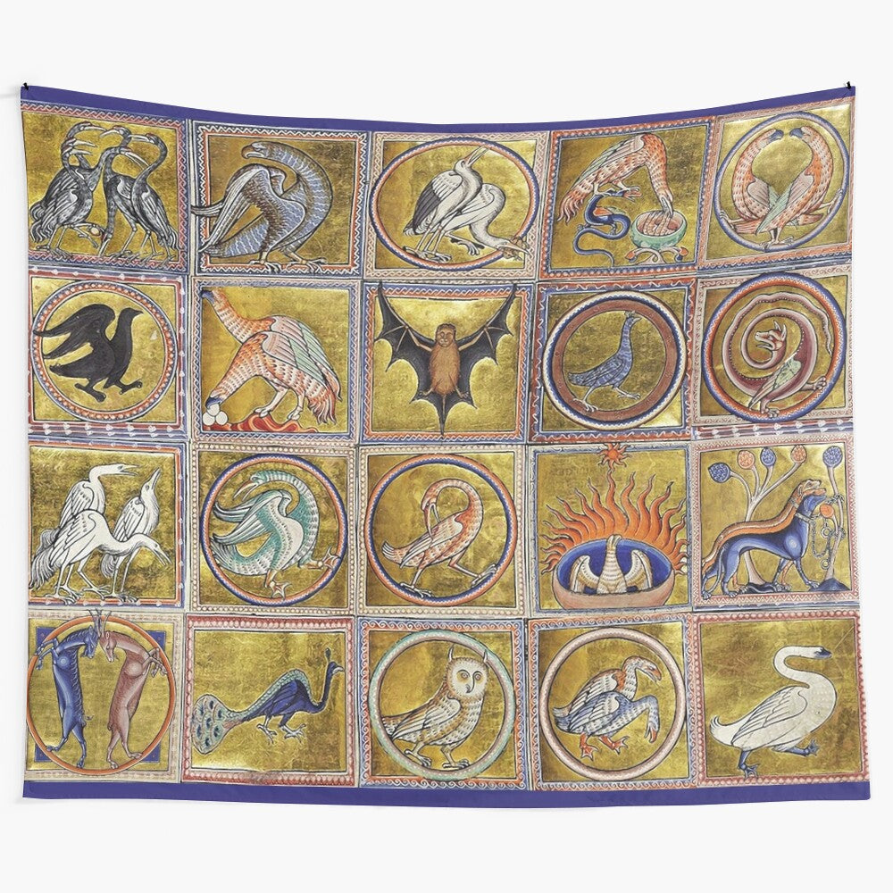 Vintage medieval bestiary tapestry featuring mythical creatures and fantastic animals in gold, red, and blue colors