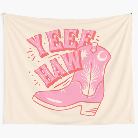 Pink and white tapestry with "Yeehaw" text, cowgirl boots, and space imagery on a white background