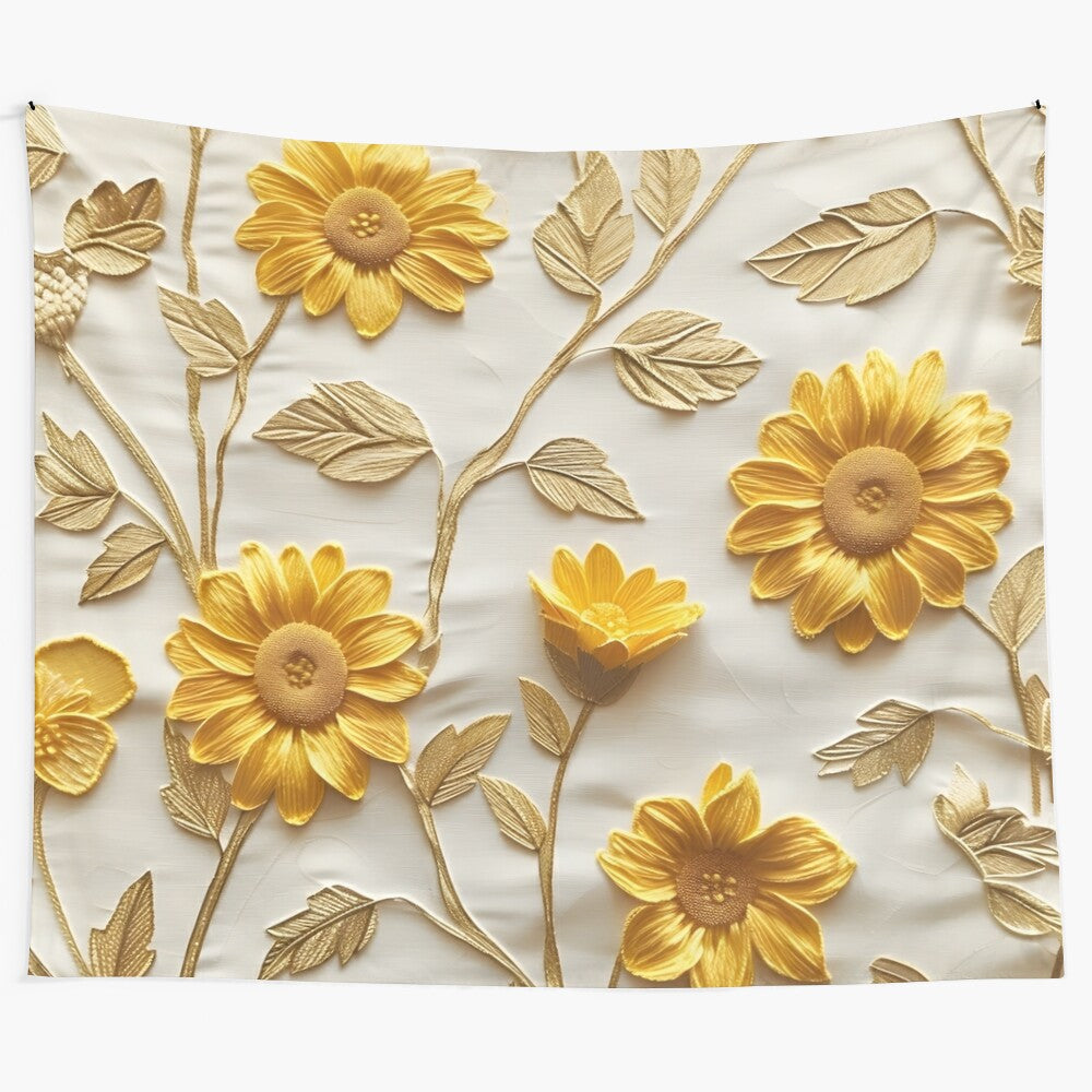 Textured sunflower pattern tapestry in yellow and white