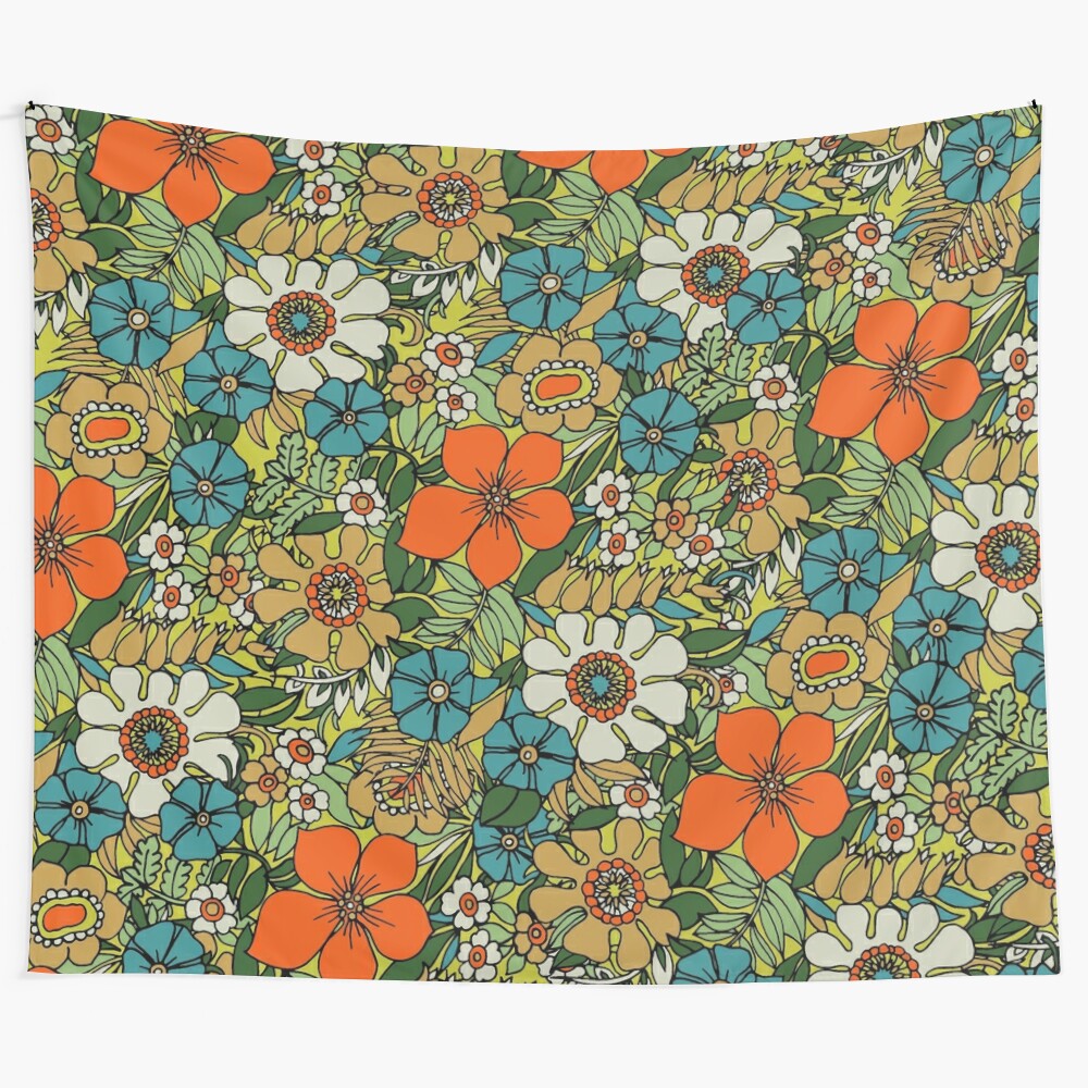 Vibrant retro floral tapestry featuring a bouquet of flowers in shades of orange, turquoise, and green.