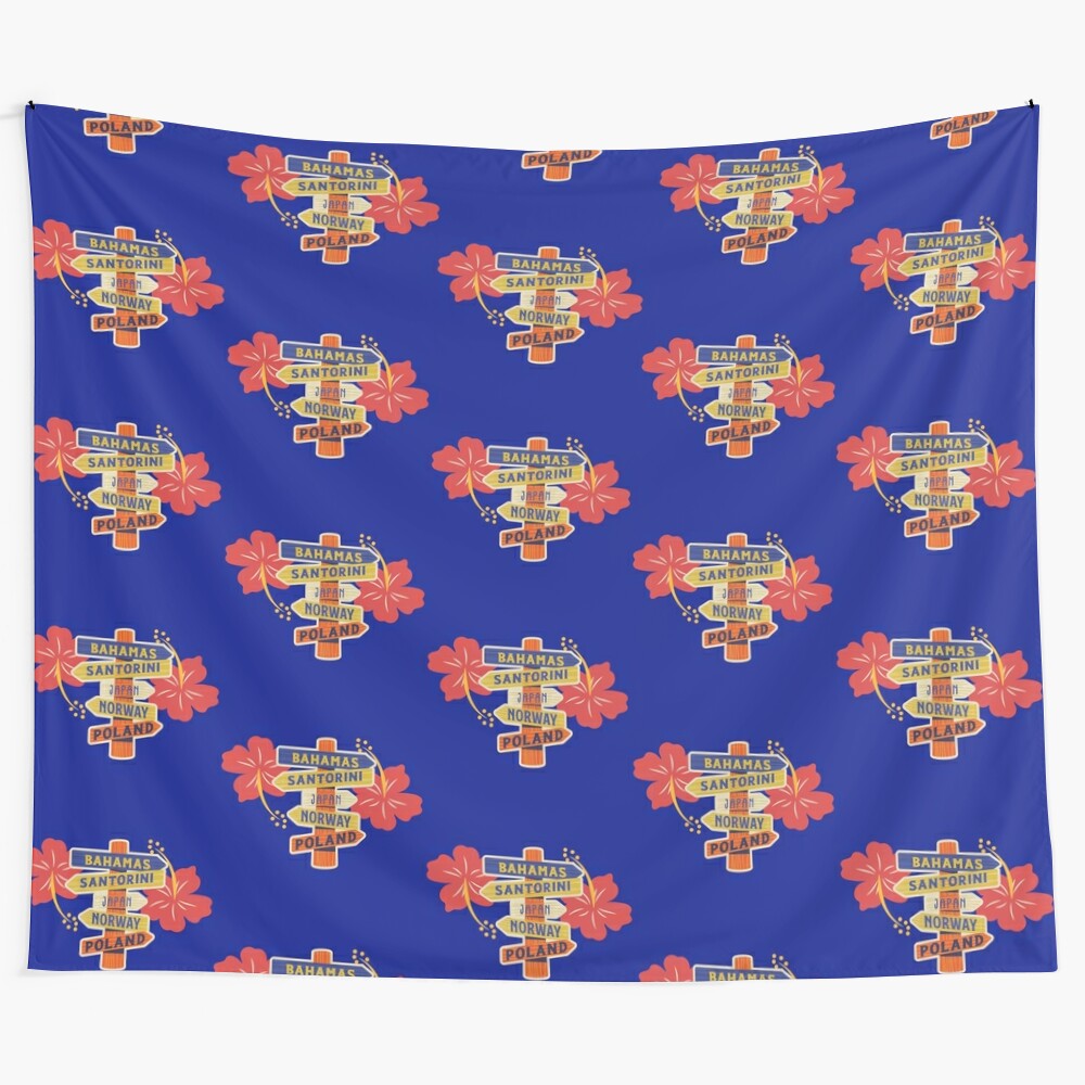 Vibrant world directions tapestry featuring flowers, landscapes, and countries