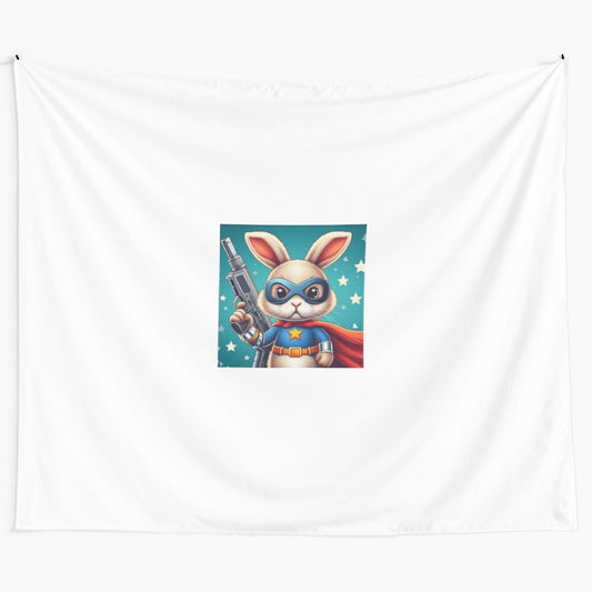 Cute rabbit superhero illustration on a home decor tapestry