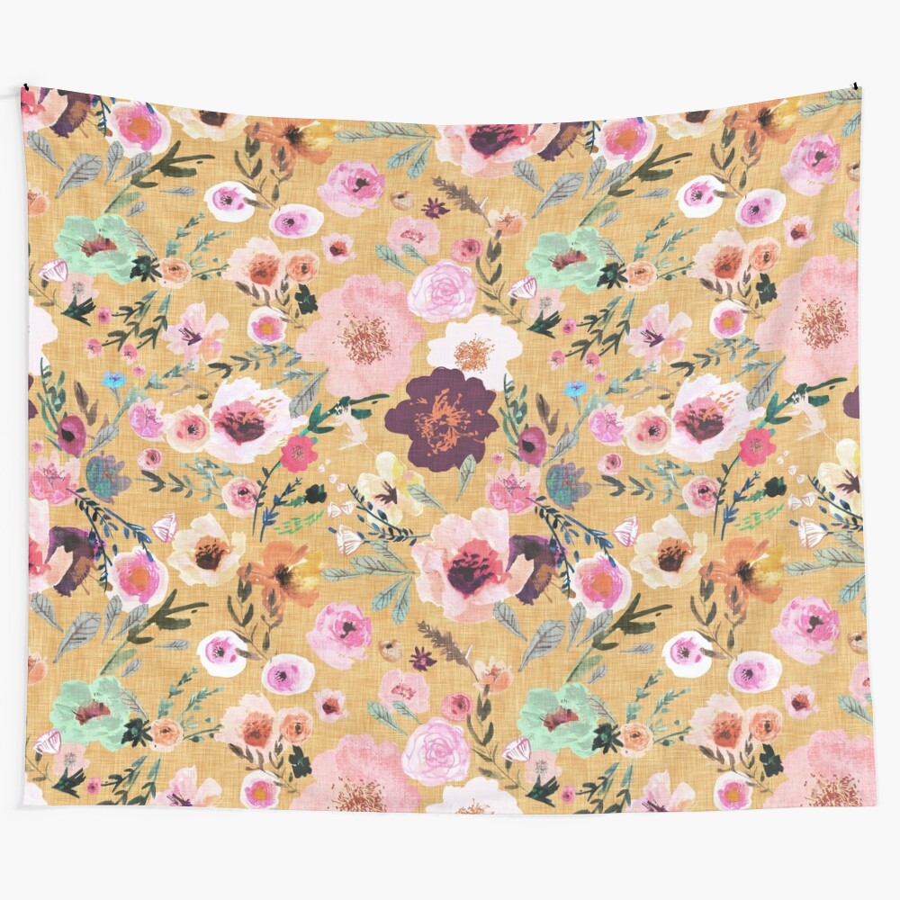 Mustard gold floral tapestry with vintage botanical artwork