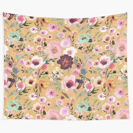 Mustard gold floral tapestry with vintage botanical artwork