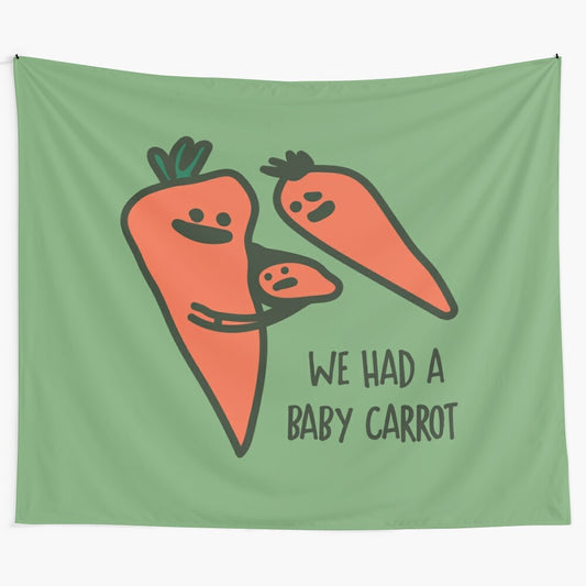 Whimsical doodle design featuring a baby carrot on a tapestry