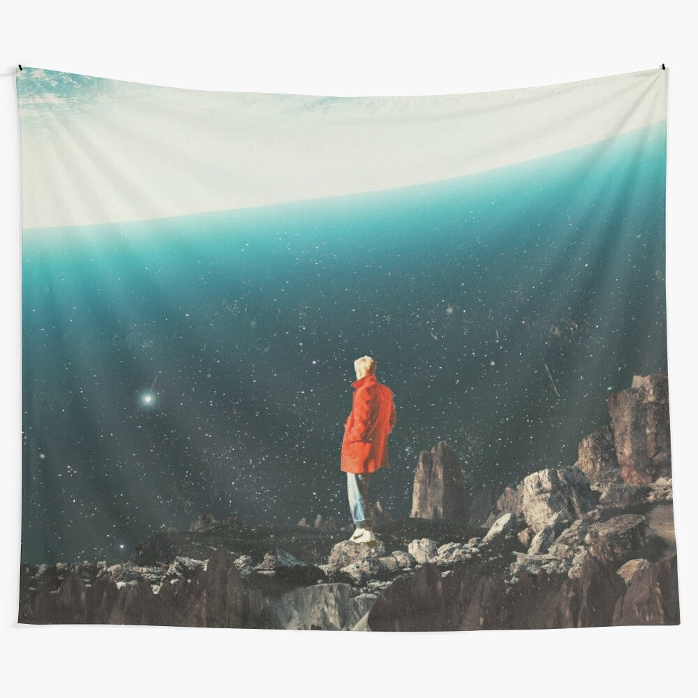 Saudade - Vintage Retro Collage Art Tapestry featuring a digital landscape with planets, sky, and mountains