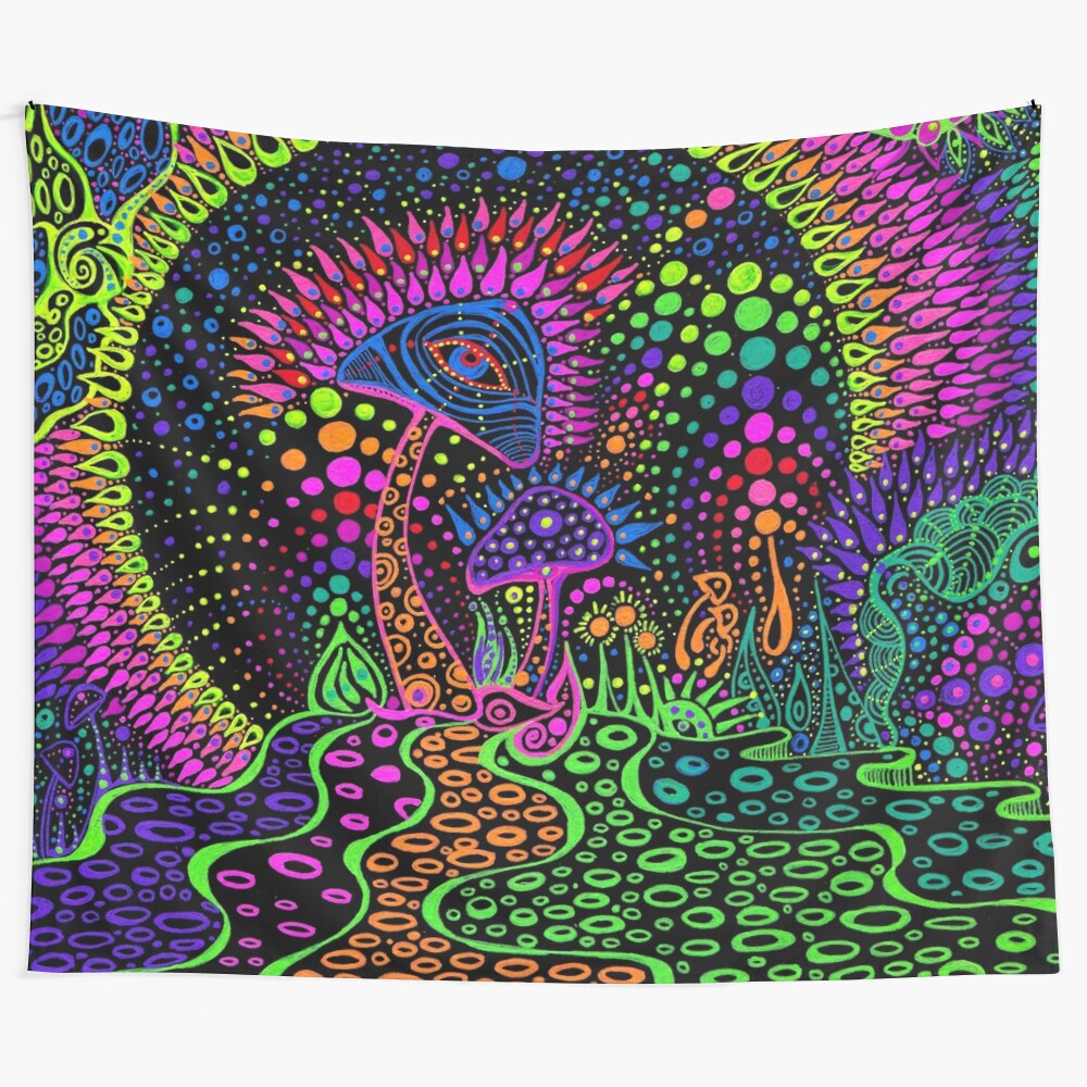 Vibrant psychedelic mushroom tapestry with neon colors and abstract patterns