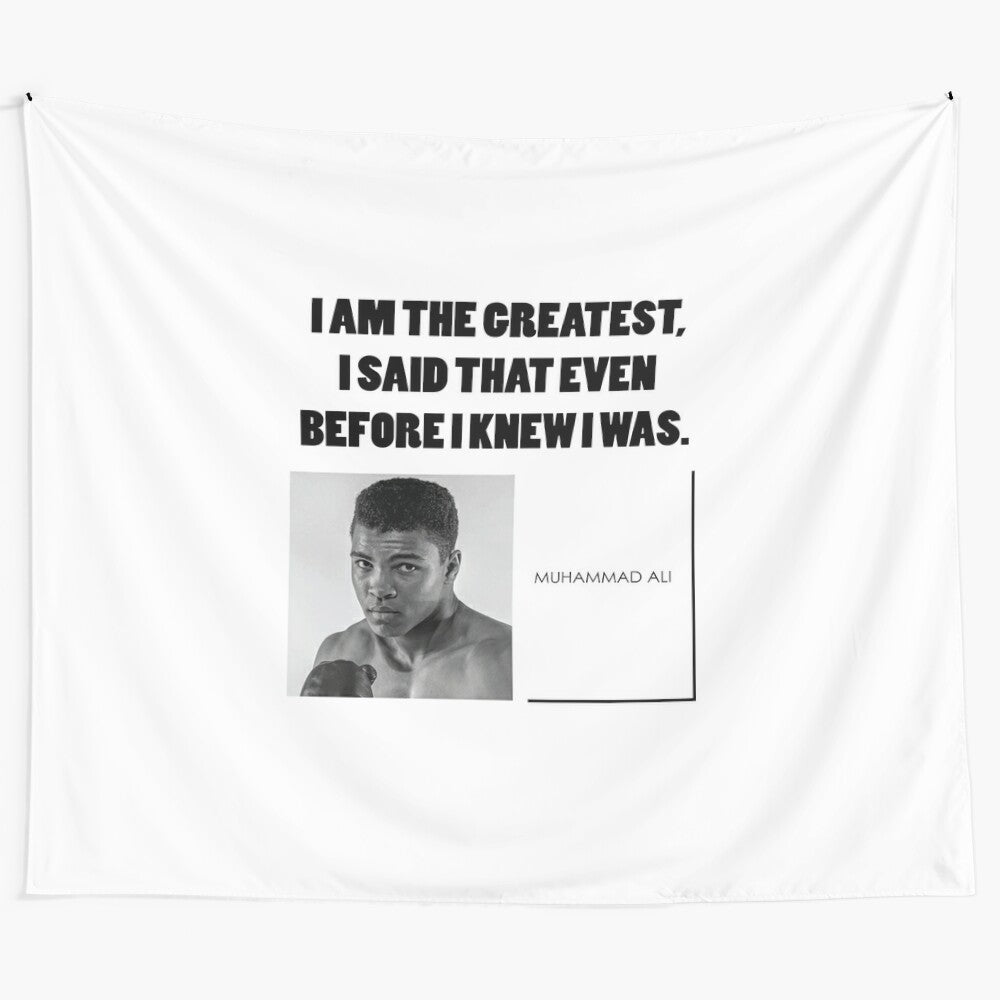 Tapestry featuring a motivational quote from legendary boxer Muhammad Ali on a simple white background