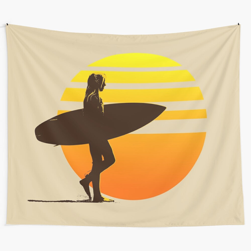 Golden surfer girl tapestry with vibrant sunrise and ocean scene