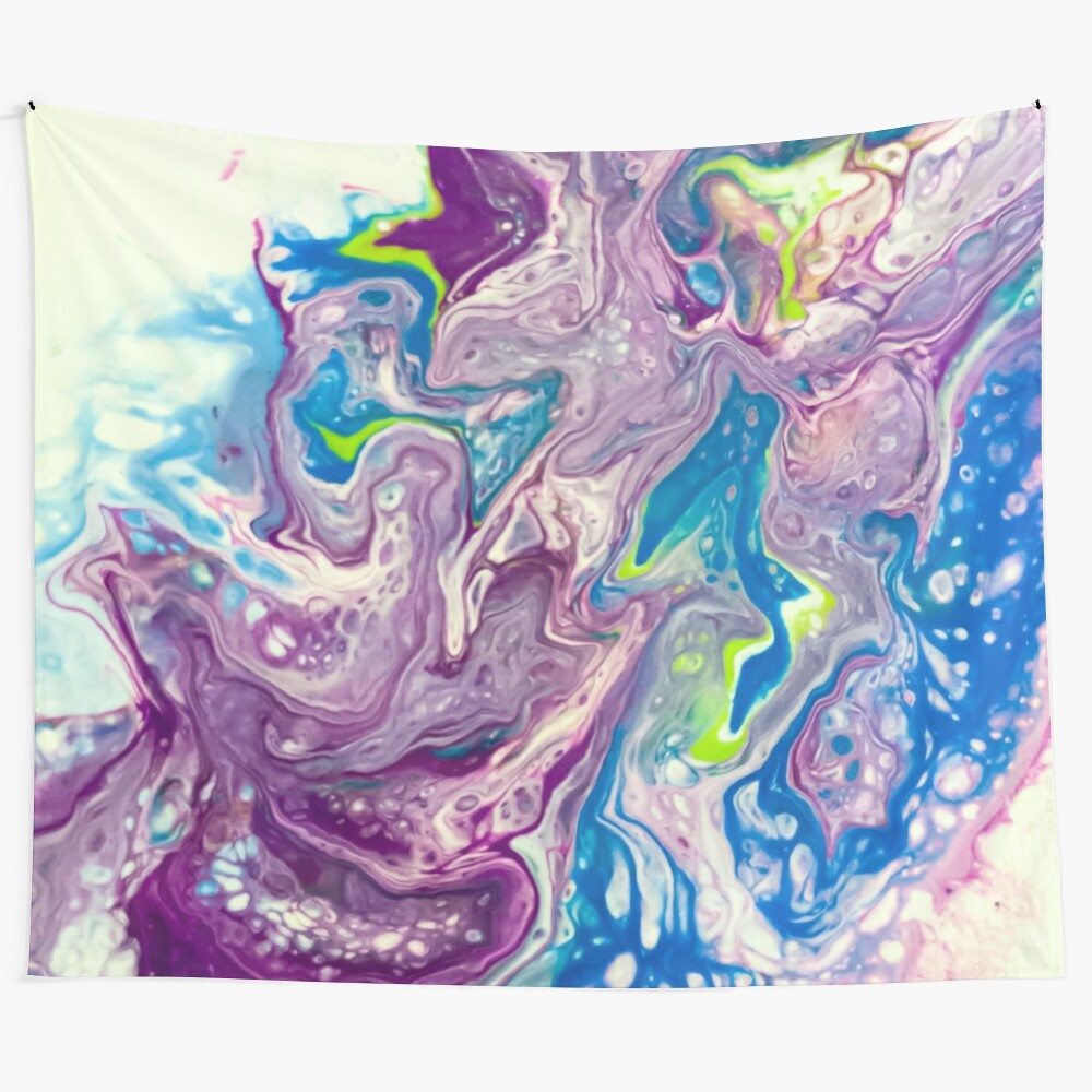 Colorful abstract acrylic pour painting tapestry with psychedelic, trippy design