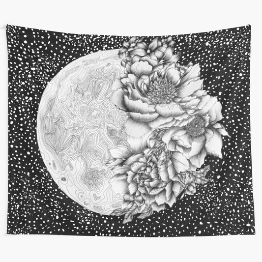 Surreal tapestry featuring a full moon surrounded by a bouquet of flowers and cosmic elements