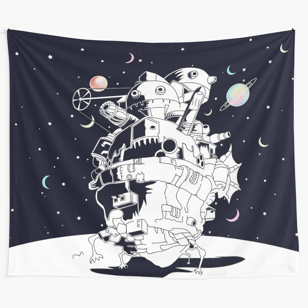 Starry night castle tapestry with Studio Ghibli-inspired elements