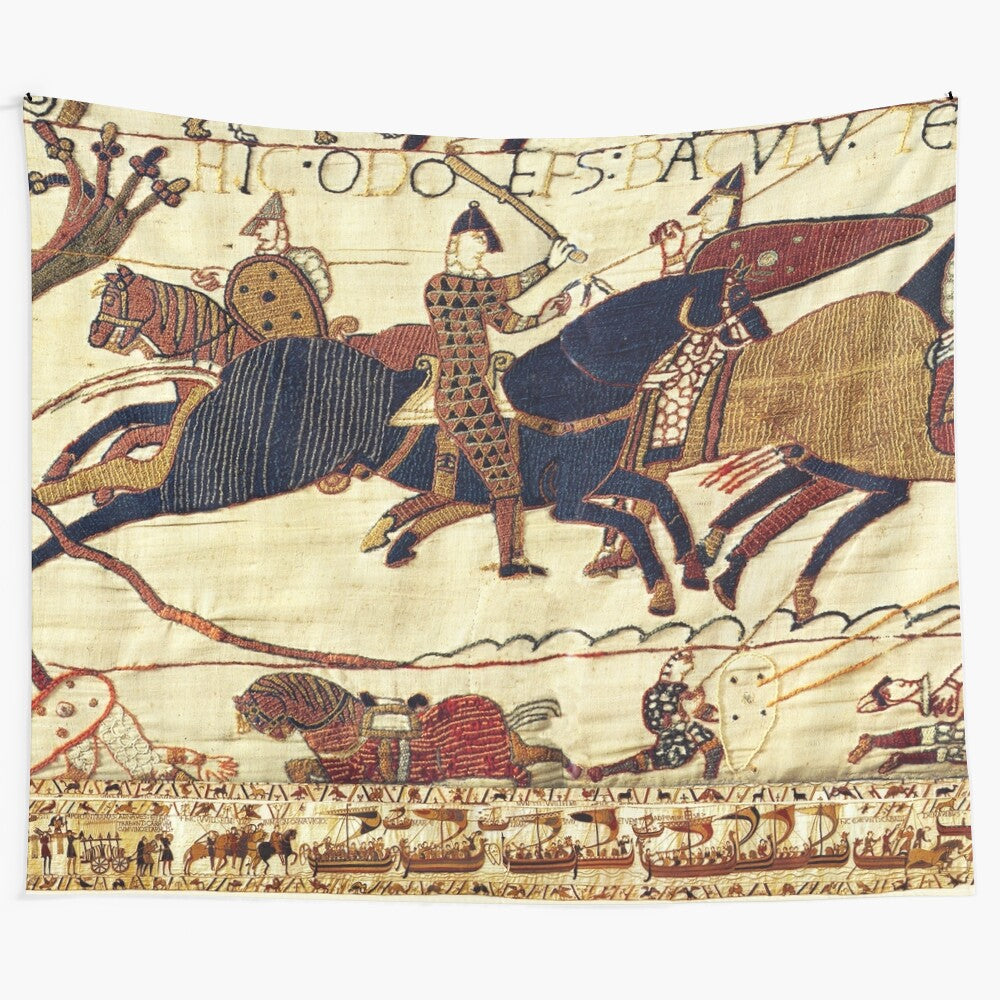 Detailed medieval tapestry depicting Norman knights on horseback during the Battle of Hastings