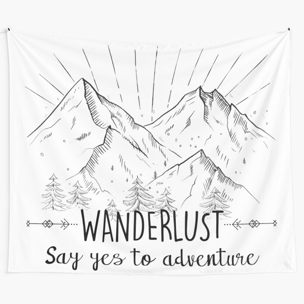 Wanderlust mountain art tapestry depicting scenic landscape