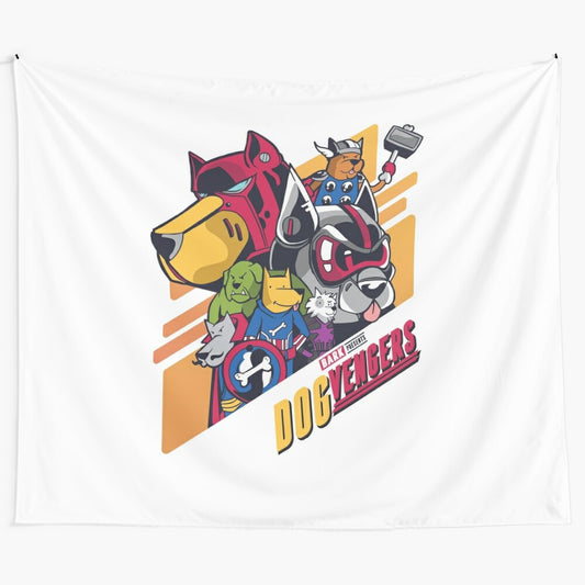 Avengers-inspired tapestry with adorable dogs dressed as Marvel superheroes