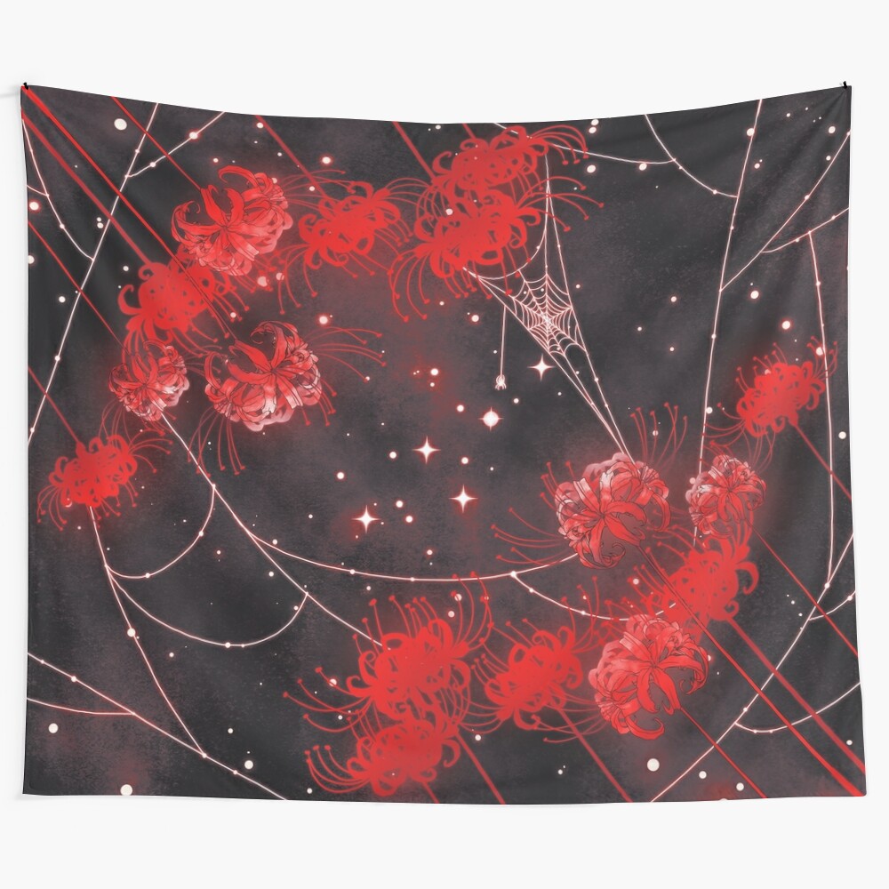 Vibrant galaxy tapestry featuring red spider lilies and intricate cosmic webs