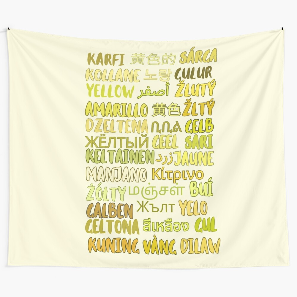 Vibrant yellow tapestry with multilingual typography