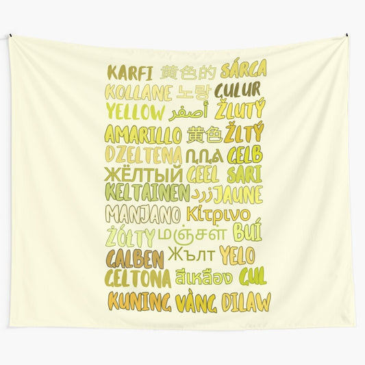 Vibrant yellow tapestry with multilingual typography