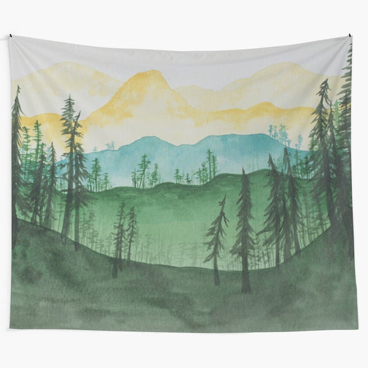 Serene watercolor landscape tapestry featuring mountains, trees, and earthy tones