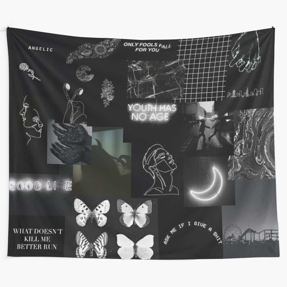 Black aesthetic collage tapestry featuring nature, expressions, and symbols