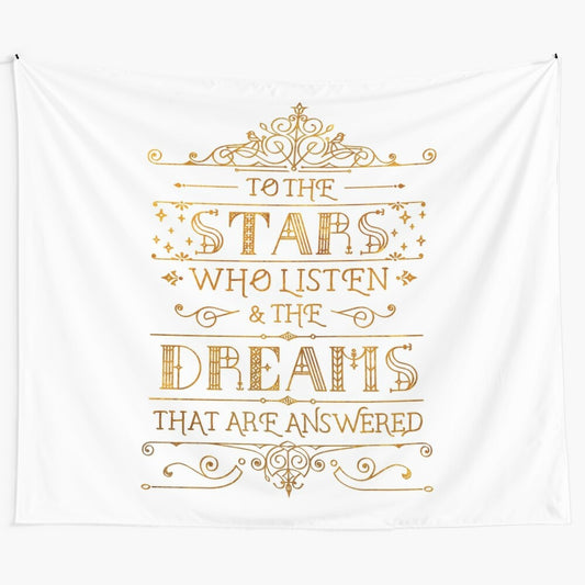 Celestial-inspired tapestry with a golden, swirling design and the quote "To the Stars Who Listen"