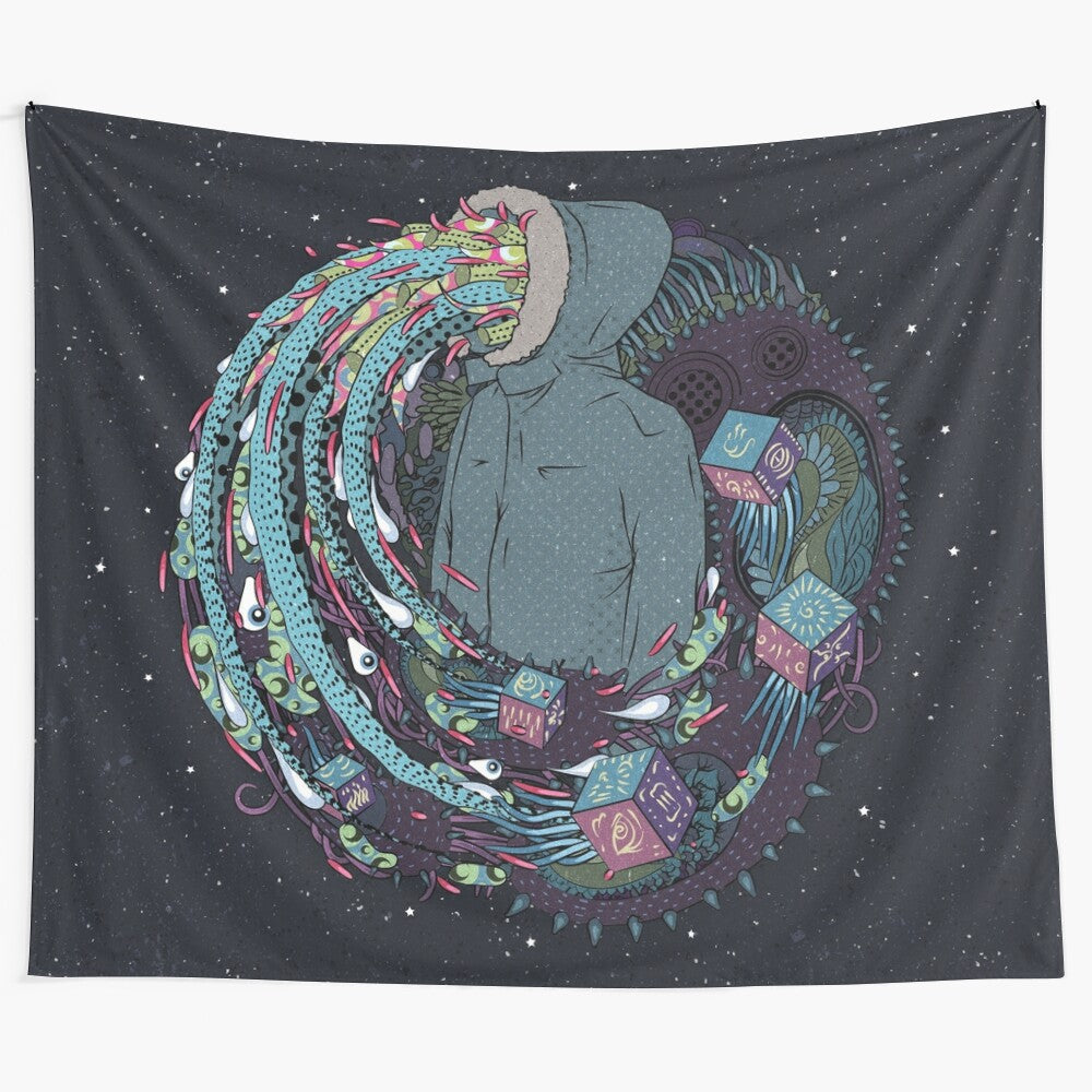 Trippy psychedelic tapestry with abstract cosmic patterns and mind-bending visuals