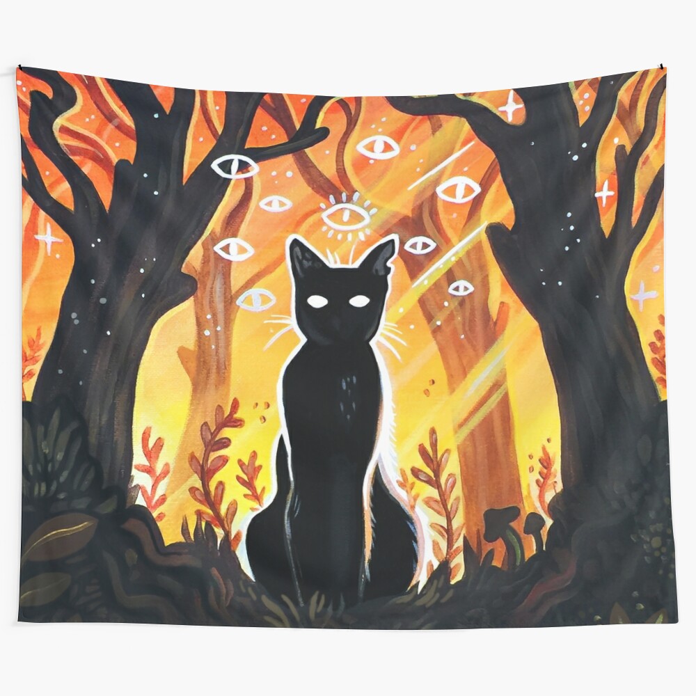 Mystical black cat in an autumn forest tapestry