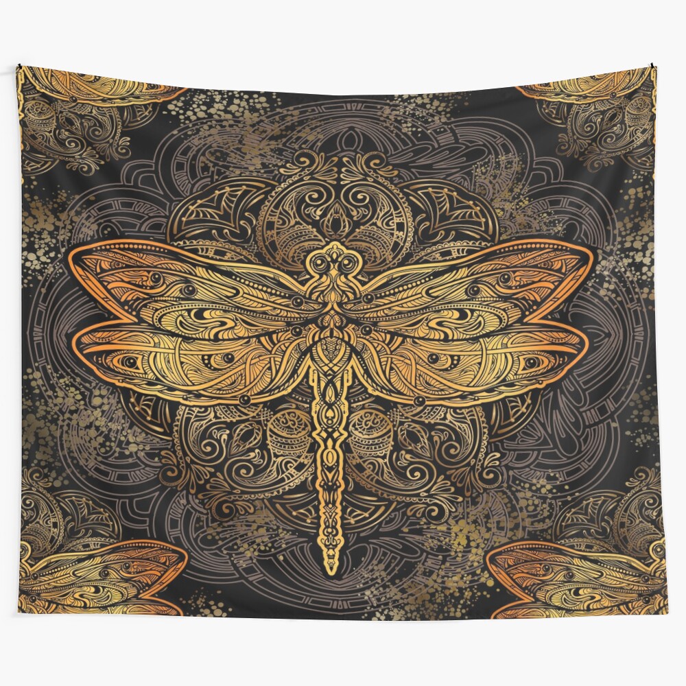 Dragonfly mandala motif tapestry artwork featuring a detailed black and white dragonfly design