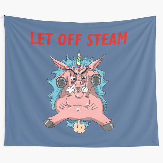 Colorful tapestry depicting an angry, flatulent mythical creature emitting steam