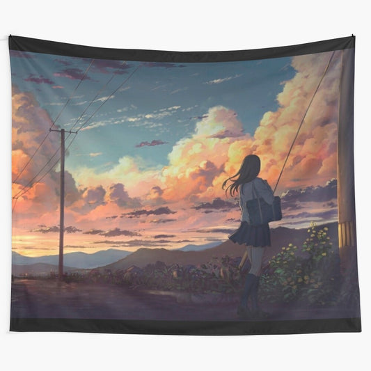 Anime-inspired sunset landscape tapestry with a girl and car