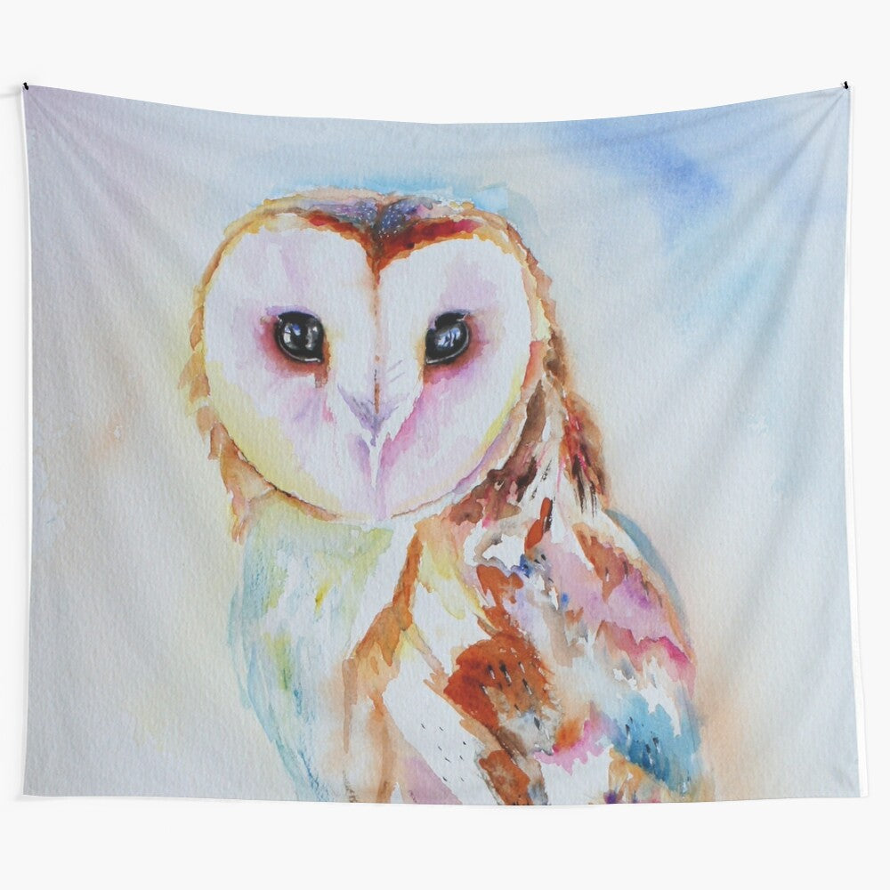 Barn owl tapestry featuring a detailed watercolor painting of a beautiful nocturnal bird in flight