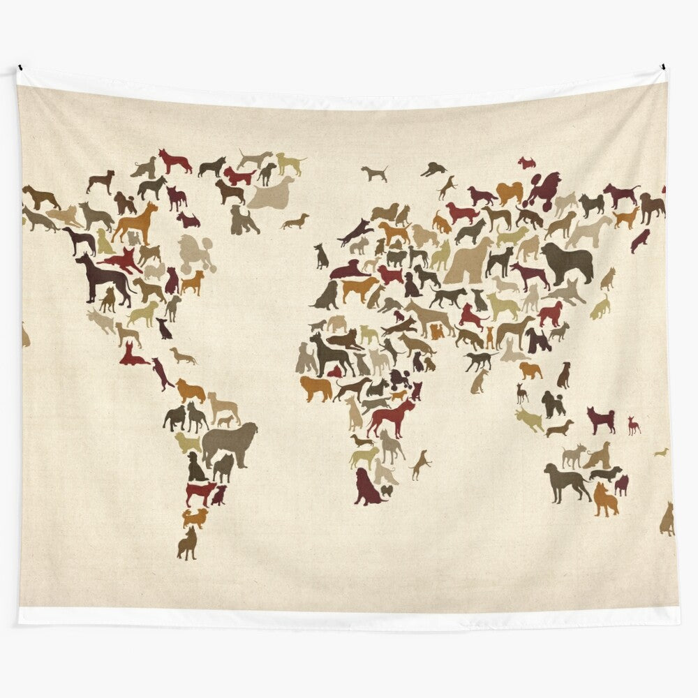 Vintage-inspired world map tapestry featuring playful dogs