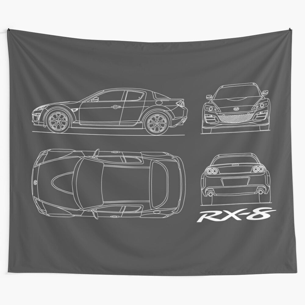 Mazda RX-8 inspired vintage car blueprint tapestry