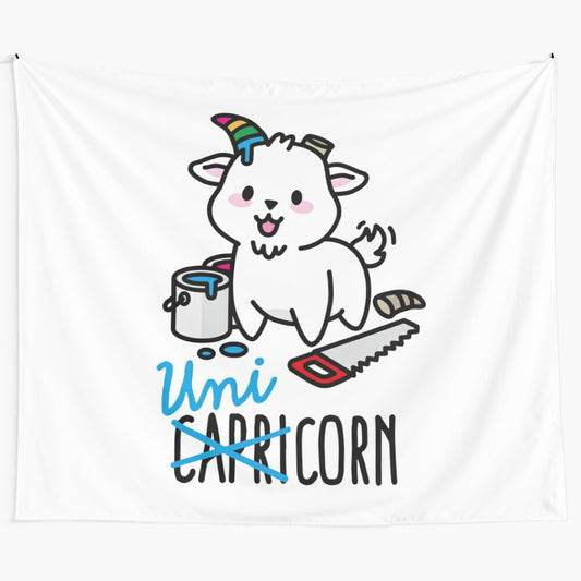 Vibrant unicorn tapestry featuring a cute capricorn zodiac sign design