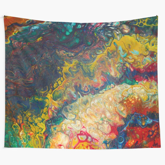 Vibrant abstract and fluid art tapestry featuring a psychedelic, cosmic swirl design