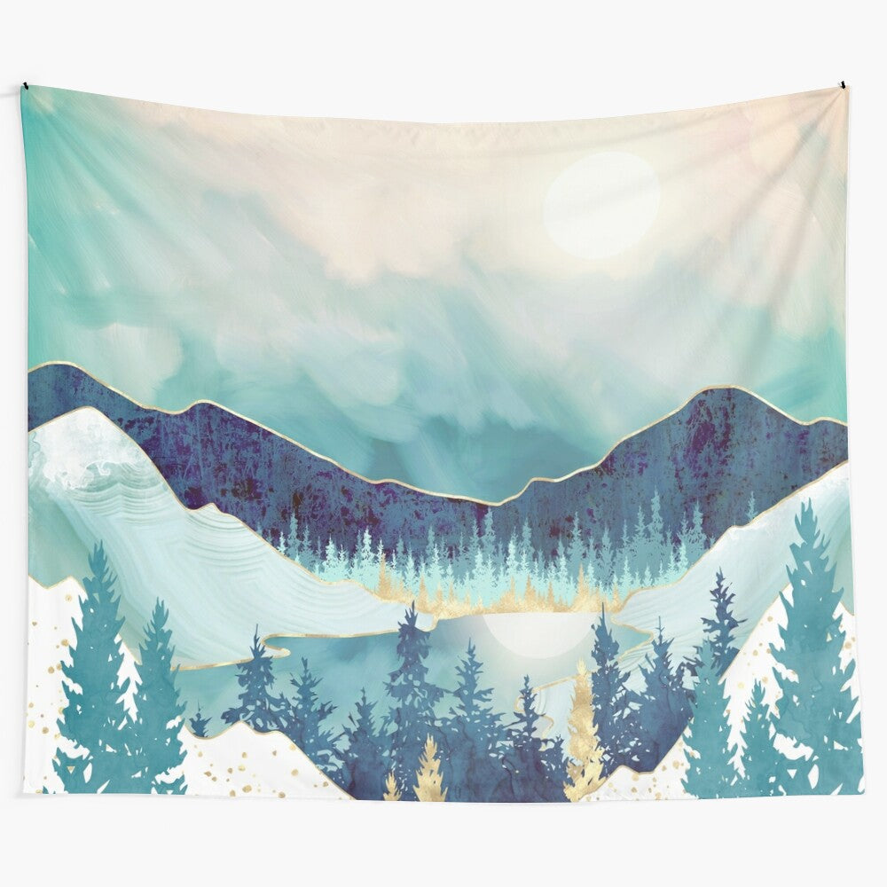 Serene sky reflection tapestry with mountains, trees, and a peaceful lake