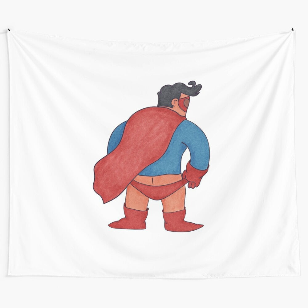 Superhero wardrobe malfunction tapestry with a quirky, playful cartoon design