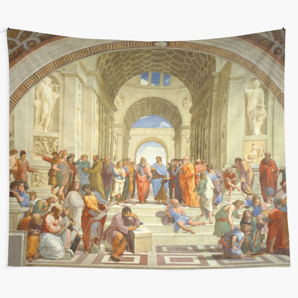 Detailed tapestry depicting the School of Athens scene by Renaissance artist