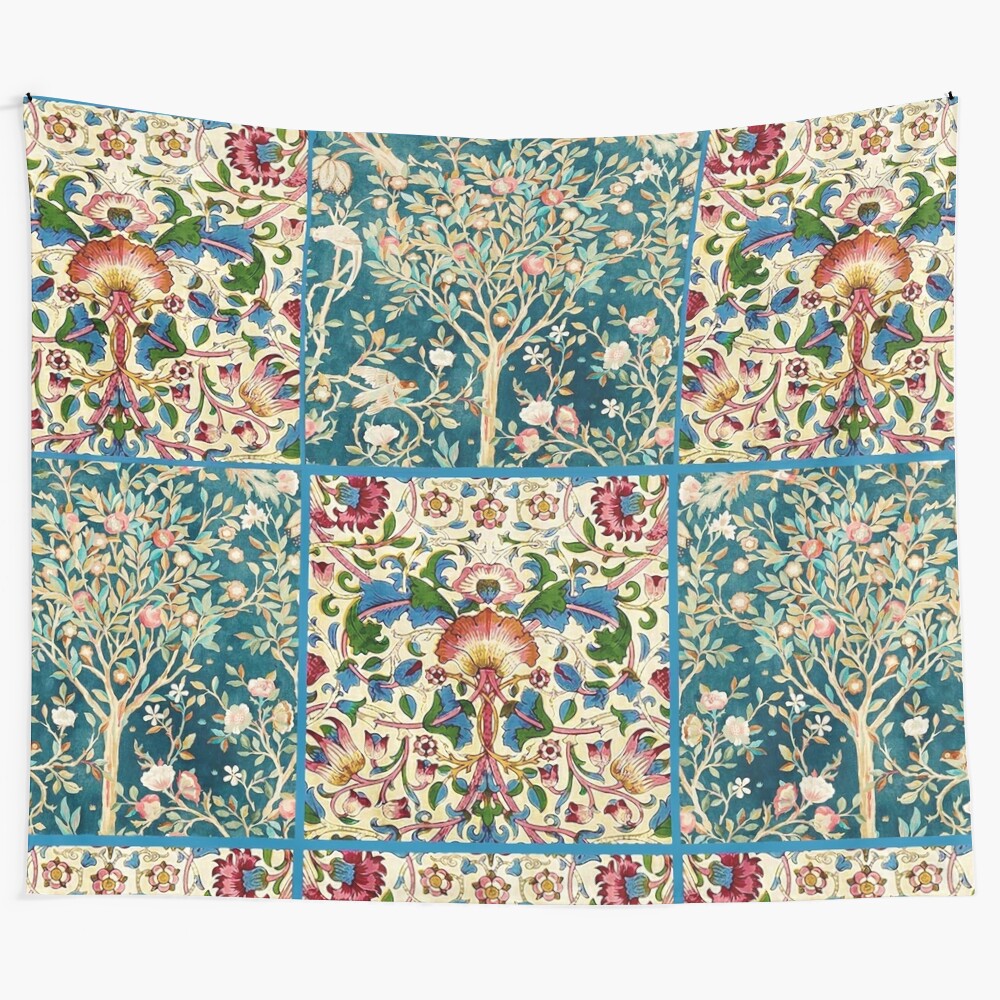 Intricate art nouveau style tapestry featuring a pomegranate tree, birds, flowers, and lush green leaves