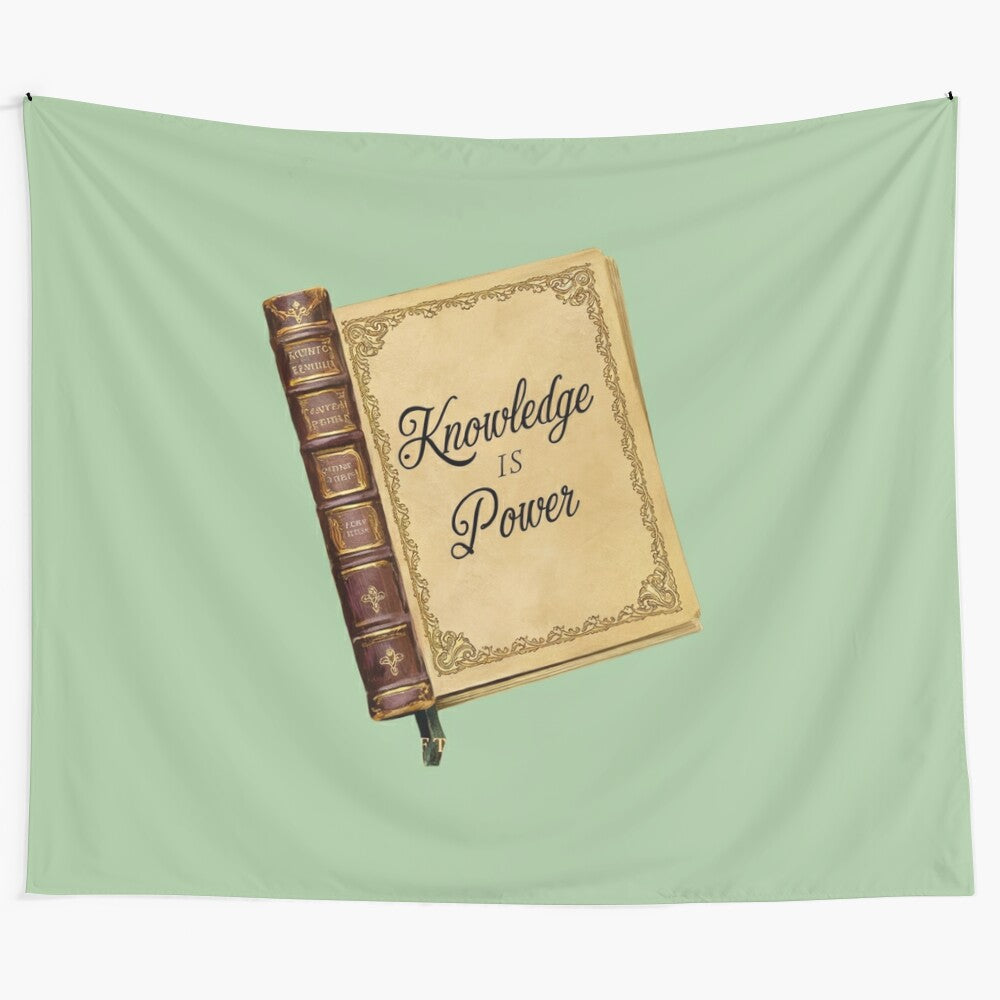 Vintage-inspired tapestry with "Knowledge Is Power" quote and book design