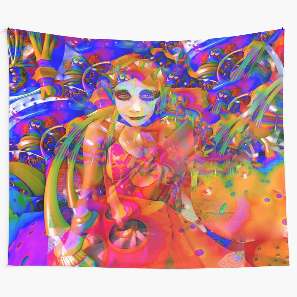 Supernatural possession tapestry with abstract, colorful patterns and fantasy elements