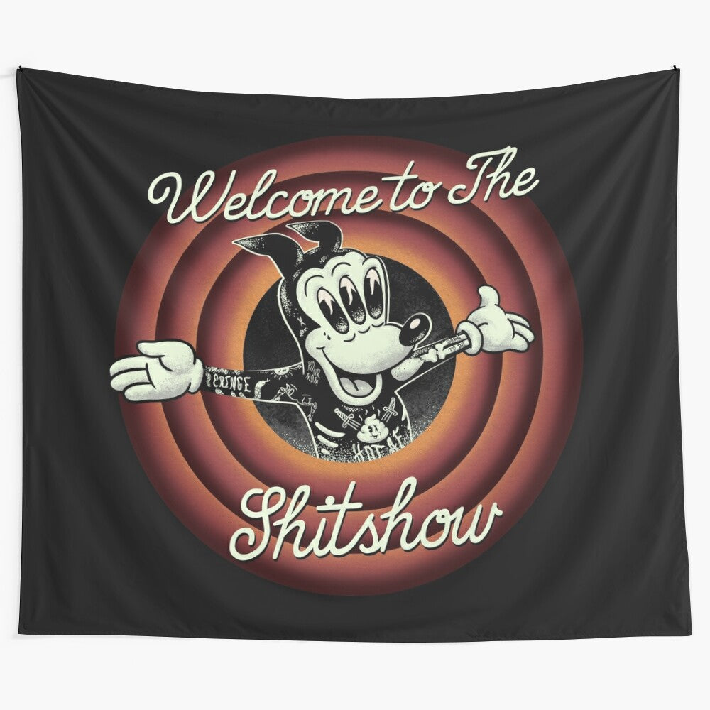 Trippy shitshow tapestry with freaky tattoos, dumb but funny designs, and party vibes