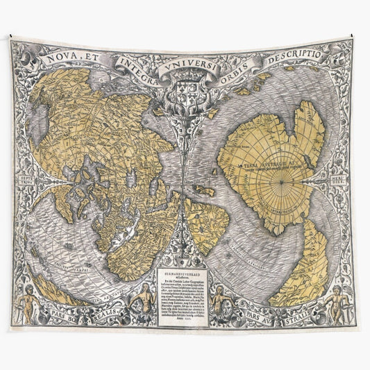 Vintage 1531 world map tapestry depicting historical cartography