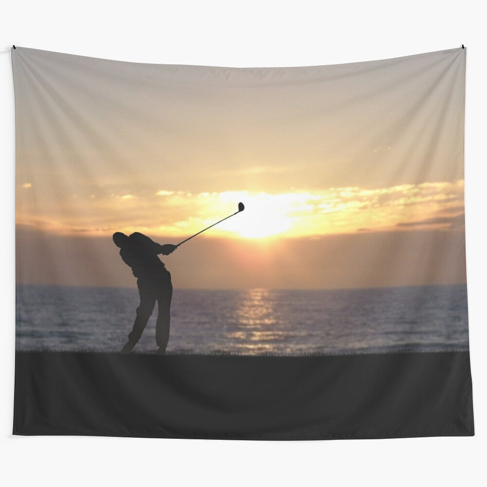 Silhouette golfer playing golf during sunset with ocean view graphic design tapestry