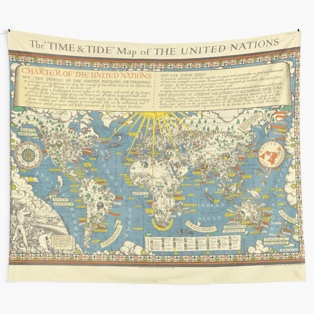 Vintage-style United Nations world map boho tapestry wall decor