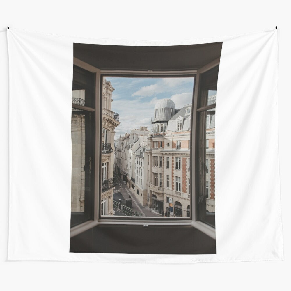 Vintage-inspired tapestry depicting an open window overlooking the romantic streets of Paris, France